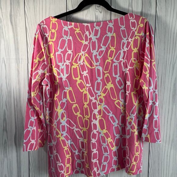 J McLaughlin Durham Ruffle Top Catalina Cloth 3/4 Sleeve Brown Cream Size XL - Picture 3 of 7